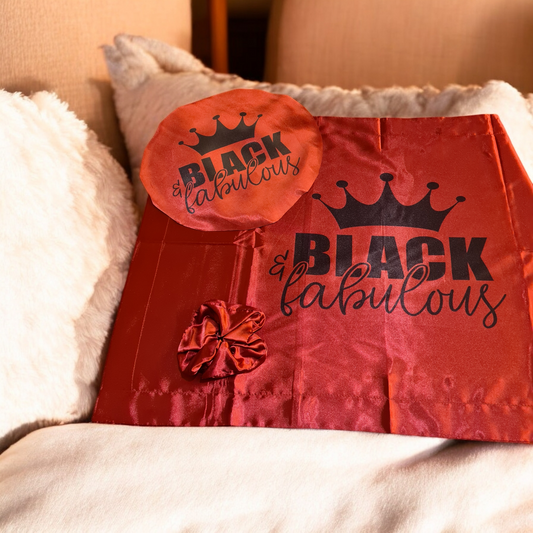 Black & Fabulous Satin Pillowcase, Hair Bonnet & Hair Scrunchie set